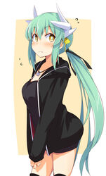  alternate_costume aqua_hair artoria_pendragon_(fate) black_jacket black_shirt black_shorts black_thighhighs blush breasts brown_eyes chata_maru_(irori_sabou) commentary_request cosplay dragon_girl dragon_horns fate/grand_order fate_(series) female frown green_hair highres horns jacket jewelry kiyohime_(fate) long_hair long_sleeves looking_at_viewer medium_breasts necklace official_alternate_costume ponytail saber_alter saber_alter_(cosplay) saber_alter_(ver._shinjuku_1999)_(fate) saber_alter_(ver._shinjuku_1999)_(fate)_(cosplay) shirt short_shorts shorts simple_background solo thighhighs white_background yellow_background yellow_eyes 