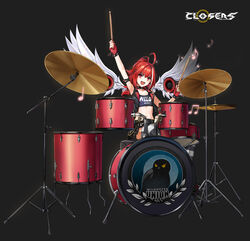  :d ahoge angel_wings arm_strap arm_up armpits bare_shoulders belt bike_shorts black_shirt black_skirt black_vest choker closers clothes_writing collarbone commentary_request crop_top cropped_vest drum drum_set drumsticks feathered_wings female fingerless_gloves gloves highres holding instrument korean_commentary long_hair looking_at_viewer midriff miniskirt multicolored_hair musical_note nail_polish navel official_art open_mouth ponytail red_eyes red_gloves red_hair red_nails seth_(closers) sharp_teeth shirt shorts shorts_under_skirt sitting skirt sleeveless sleeveless_shirt slit_pupils smile solo stomach streaked_hair striped_clothes striped_thighhighs teeth thighhighs vest wings 