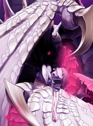  blood blood_on_hands blood_sucking bright_pupils dragon female gradient_background hair_over_eyes highres looking_at_viewer malzeno_(monster_hunter) monster_hunter_(character) monster_hunter_(series) nemaki_(nemaki87456) pink_eyes spikes structure western_dragon white_wings wings 