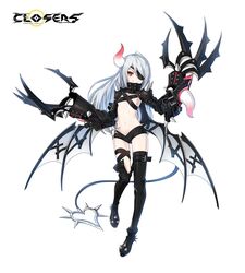  black_footwear black_shorts boots breasts claws closers commentary_request demon_tail demon_wings eyepatch female full_body grin high_collar highres horns korean_commentary long_hair long_sleeves looking_at_viewer micro_shorts navel official_art red_eyes revealing_clothes seth_(closers) shorts shrug_(clothing) single_horn slit_pupils small_breasts smile solo stomach strap tail thigh_boots thigh_strap thighhighs white_hair wings 