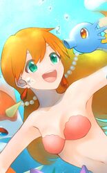  :d air_bubble beads breasts bubble cleavage collarbone commentary_request earrings female freediving goldeen green_eyes hair_between_eyes highres horsea jewelry kasumi_(pokemon) kikuyoshi_(tracco) long_hair looking_to_the_side mermaid_costume navel open_mouth orange_eyes orange_hair outstretched_arms pokemon pokemon_(anime) pokemon_(classic_anime) pokemon_(creature) smile starmie swimming teeth tongue underwater upper_teeth_only 