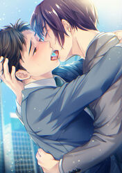  2boys black_hair black_jacket brown_eyes brown_hair closed_eyes couple french_kiss grey_jacket hand_on_another&#039;s_head jacket kissing male_focus multiple_boys original saliva short_hair tongue tongue_out xxxxchild yaoi 