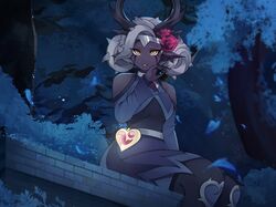  arcadia_(brawlhalla) black_nails black_skin brawlhalla colored_skin facial_mark female fingernails flower grey_hair hair_flower hair_ornament highres horns looking_at_viewer night outdoors parted_lips red_flower red_rose rose rukiadaichi sharp_fingernails short_hair sitting solo yellow_eyes 