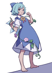  absurdres barefoot blouse blue_bow blue_dress blue_eyes blue_hair blue_ribbon blue_wings bow cirno commentary dark-skinned_female dark_skin dress dress_shirt fairy_wings female flower hairbow highres ice ice_wings kame_(kamepan44231) one-hour_drawing_challenge pinafore_dress plant puffy_short_sleeves puffy_sleeves red_bow red_ribbon ribbon shirt short_hair short_sleeves sleeveless sleeveless_dress solo sunflower tan tanned_cirno touhou vines white_shirt wing_collar wings 