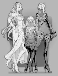  3girls bad_id bad_pixiv_id boots braid breasts commander_(nier:automata) covered_navel gloves greyscale hairband hand_on_own_hip high_heel_boots high_heels highres holographic_interface invisible_chair knee_boots large_breasts long_hair looking_at_viewer medium_breasts monochrome multiple_girls mz nier:automata nier_(series) operator_21o operator_6o parted_lips riding_crop sitting standing thighhighs twin_braids veil very_long_hair 