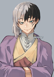  1boy artist_name asagiri_gen asymmetrical_hair black_hair blue_eyes closed_mouth commentary dr._stone english_commentary facial_mark grey_background grey_hair hands_in_opposite_sleeves jacket kadeart looking_at_viewer male_focus multicolored_hair purple_jacket short_hair simple_background smile solo split-color_hair two-tone_hair upper_body 