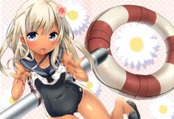  blonde_hair blue_eyes blush breasts crop_top female flower hair_flower hair_ornament kantai_collection lifebuoy long_hair looking_at_viewer one-piece_swimsuit one-piece_tan open_mouth riichu ro-500_(kantai_collection) sailor_collar scan school_swimsuit school_uniform serafuku small_breasts smile solo swimsuit swimsuit_under_clothes tan tanline torpedo 