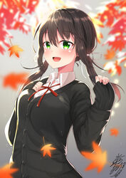  :d autumn_leaves black_cardigan black_hair blush cardigan collared_shirt commentary_request female green_eyes hair_between_eyes hair_ribbon highres long_hair long_sleeves looking_at_viewer low_twintails namikawa_kuroha neck_ribbon open_mouth original red_ribbon ribbon shirt signature smile solo takamine_miyu_(namikawa_kuroha) twintails twitter_username upper_body white_ribbon white_shirt 