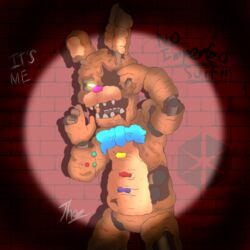  1:1 1_eye 2021 animatronic anthro bonnie_(fnaf) bow_tie brick brick_wall brown_body candy chocolate chocolate_bonnie_(fnaf) dessert endoskeleton english_text exposed_endoskeleton featureless_crotch five_nights_at_freddy&#039;s five_nights_at_freddy&#039;s_ar flashlight food food_creature lagomorph leporid light long_ears looking_at_viewer machine male mammal melted_chocolate_bonnie_(fnaf) melting multicolored_body narrowed_eyes notched_ear nude open_mouth outside pink_nose portrait rabbit raised_arm robot scottgames solo squint standing tan_body teeth text thyneedraws torn_body torn_leg wall_(structure) yellow_eyes 