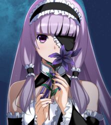  blue_flower blush check_commentary choker commentary commentary_request detached_sleeves doria_(p_f_dolia) dream_c_club dream_c_club_(series) eyepatch female flower hairband headdress highres lolita_hairband long_hair looking_at_viewer maid mari_(dream_c_club) nail_polish pink_eyes purple_hair solo twintails very_long_hair 