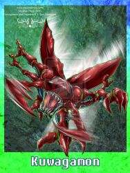  2010 arthropod bandai_namco beetle claws digimon digimon_(species) facial_markings flying head_markings insects kuwagamon male markings meghan_hupp multi_arm multi_limb pincers solo teeth wings 