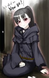  arm_support bad_id bad_pixiv_id black_hair blush dark_souls_(series) dark_souls_i female hand_on_lap hood hood_down kanzaki_muyu looking_at_viewer on_ground photoshop_(medium) ponytail quelaana_of_izalith red_eyes robe sitting solo 