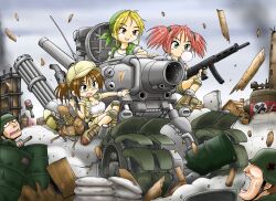  2boys 3girls akiran_(r32) belt blonde_hair brown_hair caterpillar_tracks commentary_request crop_top explosive fio_germi gatling_gun glasses grenade gun kasamoto_eri knee_pads metal_slug military military_vehicle motor_vehicle multiple_boys multiple_girls nadia_cassel nop-03_sarubia ponytail short_shorts shorts snk stielhandgranate sv001_(metal_slug) tank weapon 