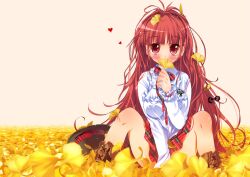  bad_id bad_pixiv_id blush boots female flower ginkgo_tree heart highres long_hair original plaid plaid_skirt red_eyes red_hair sitting skirt sodapop_(iemaki) solo 