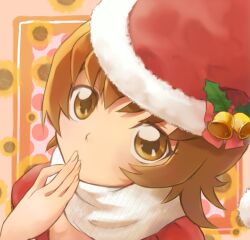  bad_id bad_pixiv_id bell bow brown_eyes brown_hair female hand_on_own_face hat hat_bell heartcatch_precure! myoudouin_itsuki pink_bow precure ryuuama santa_hat scarf short_hair solo 