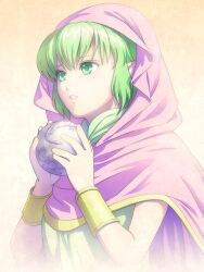  cape commentary_request elf female fire_emblem fire_emblem:_mystery_of_the_emblem green_eyes green_hair hood kinoeneko long_hair orb pink_cape pointy_ears solo tiki_(fire_emblem) tiki_(young)_(fire_emblem) 