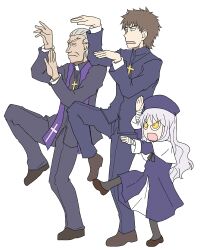  2boys aged_down brown_hair caren_hortensia closed_eyes commentary_request cross fate/zero fate_(series) father_and_daughter father_and_son female grandfather_and_granddaughter grey_hair hat highres kairakuen_umenoka kotomine_kirei kotomine_risei lolicon long_hair multiple_boys old old_man pantyhose parody priest short_hair white_hair yellow_eyes yotsubato! yotsubato!_pose 