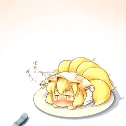  blonde_hair blush chibi closed_eyes commentary_request ear_wiggle female fox_tail hat multiple_tails plate sherumaa_(shellmound) solo tail tears touhou yakumo_ran yellow_eyes 