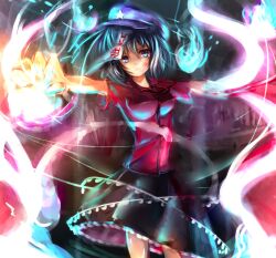  beret blue_eyes blue_hair commentary_request female fire flaming_hand hat hat_ornament highres jiangshi miyako_yoshika ofuda outstretched_arms sakura_ani shirt short_hair skirt solo star_(symbol) star_hat_ornament touhou 