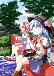  2girls ^_^ bendy_straw blouse blue_hair blue_skirt blush boots bow bowl bridge buttons chopsticks closed_eyes cloud commentary_request cross-laced_footwear cup dango day dirt_road drinking_straw eating food foodgasm foot_dangle from_side fruit hairband hat hat_ornament heart hinanawi_tenshi holding holding_cup komeiji_satori lace-up_boots long_hair long_sleeves looking_afar mouth_hold multiple_girls ominaeshi_(takenoko) on_railing outdoors peach pink_eyes pink_hair pink_skirt puffy_short_sleeves puffy_sleeves railing river road shirt short_hair short_sleeves sitting skirt sky slippers smile socks touhou tree wagashi water white_legwear 