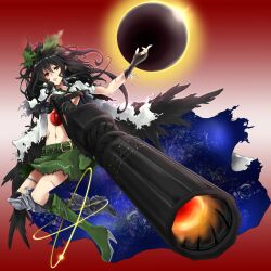  absurdres alternate_weapon arm_cannon black_bra black_gloves black_rock_shooter black_socks black_sun black_wings boots bow bra cape commentary_request concept_art eclipse elbow_gloves female fingerless_gloves gloves green_skirt hairbow highres koge-owl lingerie midriff navel open_mouth red_eyes reiuji_utsuho scar skirt socks solar_eclipse solo space star_(symbol) sun third_eye torn_cape torn_clothes touhou underwear weapon wings 