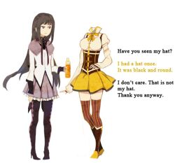  akemi_homura argyle argyle_legwear banned_artist black_hair bow breasts capelet detached_sleeves english headless high_heels i_want_my_hat_back long_hair lowres mahou_shoujo_madoka_magica mami_mogu_mogu medium_breasts morning_rescue multiple_girls pantyhose parody pleated_skirt purple_eyes ribbon shoes simple_background skirt small_breasts spoilers striped striped_legwear thighhighs tomoe_mami tribute vertical-striped_legwear vertical_stripes white_background zettai_ryouiki 