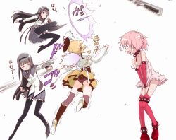  3girls akemi_homura akemi_homura_(magical_girl) battle commentary_request duplicate gun hitting homu kaname_madoka kaname_madoka_(magical_girl) kaname_madoka_(sexy_madoka) kicking lingerie magical_girl magical_musket mahou_shoujo_madoka_magica mahou_shoujo_madoka_magica_(anime) motion_blur multiple_girls panties panties_under_pantyhose pantyhose rifle shield teri_terio thighhighs tomoe_mami tomoe_mami_(magical_girl) underwear weapon 