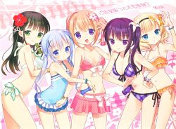  5girls :d artist_name bikini bikini_skirt black_hair blonde_hair blue_eyes blue_hair board_game bracelet breasts brown_hair casual_one-piece_swimsuit chess chess_piece cleavage copyright_name flower frills front-tie_top gochuumon_wa_usagi_desu_ka? green_eyes hair_flower hair_ornament hairclip hand_on_own_hip holding hoto_cocoa jewelry kafuu_chino kirima_syaro koi_(koisan) long_hair looking_at_viewer medium_breasts multiple_girls navel official_art one-piece_swimsuit open_mouth plaid plaid_bikini polka_dot polka_dot_bikini polka_dot_swimsuit purple_eyes purple_hair short_hair side-tie_bikini_bottom side_ponytail small_breasts smile swimsuit tedeza_rize twintails ujimatsu_chiya x_hair_ornament 