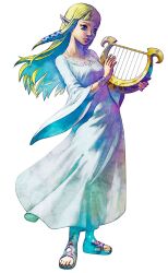  blonde_hair blue_eyes bracelet dress female highres instrument jewelry long_hair lyre official_art pointy_ears princess_zelda solo takumi_wada the_legend_of_zelda the_legend_of_zelda:_skyward_sword 