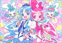  2girls :d :o artist_request blue_choker blue_eyes blue_hair blue_skirt bow brooch choker chypre_(heartcatch_precure!) coffret_(heartcatch_precure!) colorful cure_blossom cure_marine earrings floral_background flower hair_ribbon hanasaki_tsubomi heart heart_brooch heartcatch_precure! high_ponytail jewelry kurumi_erika magical_girl mascot multiple_girls official_art open_mouth photoshop_(medium) pink_bow pink_choker pink_eyes pink_hair precure ribbon scan skirt smile 