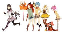  5girls akemi_homura argyle argyle_legwear banned_artist black_hair black_legwear blue_hair boots bow breasts capelet charlotte_(madoka_magica) hair_ribbon hairbow hat headless high_heels i_want_my_hat_back jumpsuit kaname_madoka long_hair lowres mahou_shoujo_madoka_magica mami_mogu_mogu medium_breasts miki_sayaka morning_rescue multiple_girls pantyhose parody pink_hair plaid plaid_skirt pleated_skirt ponytail red_hair ribbon rope sakura_kyouko school_uniform shoes short_hair short_twintails simple_background skirt small_breasts spoilers striped striped_legwear thighhighs tomoe_mami tribute twintails vertical-striped_legwear vertical_stripes white_background white_legwear zettai_ryouiki 