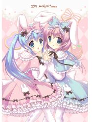  2011 2girls animal_ears blue_eyes blue_hair blush bow bunny bunny_ears dress english hairbow hand_holding lolita_fashion long_hair multiple_girls open_mouth original pink_hair suama sweet_lolita thighhighs twintails white_legwear 