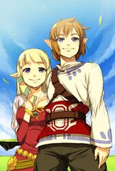  1boy belt blonde_hair blue_eyes bracelet female highres jewelry link long_hair nintendo onija_tarou pointy_ears princess_zelda sky skyward_sword smile the_legend_of_zelda the_legend_of_zelda:_skyward_sword 