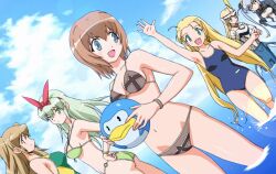  6+girls alternate_costume android arnval artist_request ball beach bikini blonde_hair blue_eyes bow brown_hair busou_shinki cross diol_twee esmeralda_(otomedius) green_eyes green_hair grey_eyes jpeg_artifacts kokoro_belmont madoka_(otomedius) mermaid_costume multiple_girls non-web_source otomedius otomedius_excellent outdoors parodius pentarou red_eyes ribbon strarf swimsuit white_hair 