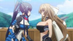  animated animated aoi_kimi blue_hair bodysuit breasts brown_hair fingerless_gloves gloves honda_futayo huge_breasts kyoukai_senjou_no_horizon kyoukaisenjou_no_horizon long_hair lowres original_clip slap slapping very_long_hair white_bow 