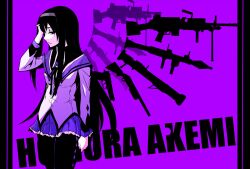  akemi_homura akemi_homura_(magical_girl) at4 beretta_92 black_hair commentary_request ex_hien female gun hairband handgun highres light_machine_gun long_hair m249 m72_law machine_gun mahou_shoujo_madoka_magica mahou_shoujo_madoka_magica_(anime) pantyhose pillarboxed pump_action purple_eyes purple_theme remington_870 remington_arms rocket_launcher rpg-7 rpg_(weapon) shotgun silhouette solo weapon 