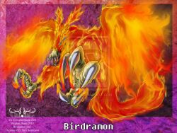  2010 4:3 avian bandai_namco beak birdramon blue_eyes claws digimon digimon_(species) female fire firebird meghan_hupp solo teeth wings 