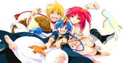  2boys aladdin_(magi) ali_baba_saluja ankle_cuffs anklet bad_id bad_pixiv_id barefoot blonde_hair blue_eyes blue_hair braid dalc_rose feet female highres jewelry long_hair magi_the_labyrinth_of_magic morgiana multiple_boys one_side_up red_eyes red_hair short_hair simple_background soles staff turban white_background yellow_eyes 