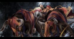  1boy beard bull chariot commentary_request electricity facial_hair fate/stay_night fate/zero fate_(series) gordius_wheel_(fate) iskandar_(fate) photoshop_(medium) red_hair shinoji_(shin_status) sword weapon wheel 