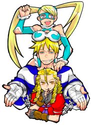  1boy 2girls ahoge bad_id bad_pixiv_id bandages blonde_hair breast_rest breasts breasts_on_head clothing_cutout cody_travers color_connection cuffs facial_hair fingerless_gloves gloves hair_color_connection hair_pulled_back handcuffs heart highres kanzuki_karin large_breasts mask multiple_girls prison_clothes rainbow_mika ringlets saitou_piyoko school_uniform serafuku shoulder_cutout shrugging street_fighter street_fighter_zero_(series) stubble twintails wrestling_outfit 