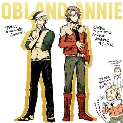  2boys anakin_skywalker animification bad_id bad_pixiv_id barnaby_brooks_jr. barnaby_brooks_jr._(cosplay) beard belt blonde_hair boots brown_hair cabbie_hat cosplay crossover edward_keddy facial_hair glasses hat jacket jewelry kaburagi_t._kotetsu kaburagi_t._kotetsu_(cosplay) male_focus moustache multiple_boys necklace necktie obi-wan_kenobi parody red_jacket scar shirahama_kamome star_wars studded_belt tiger_&amp;_bunny translation_request vest waistcoat 