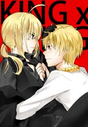  1boy ahoge artoria_pendragon_(fate) blonde_hair blue_eyes blush clothes_grab commentary_request english_text fate/zero fate_(series) female formal gilgamesh_(fate) gloves green_eyes hand_on_head hug jewelry kurot necklace necktie necktie_grab neckwear_grab official_alternate_costume pant_suit pants ponytail pushing red_eyes saber_(fate) short_hair smile suit sweatdrop 