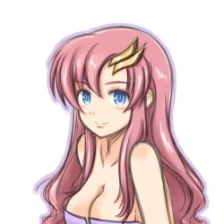  bare_shoulders blue_eyes blush breasts cleavage commentary_request female gundam gundam_seed hair_ornament lacus_clyne long_hair medium_breasts mizunashi_sora photoshop_(medium) pink_hair sidelocks smile solo 