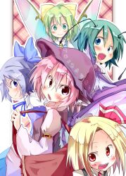  5girls animal_ears antennae blonde_hair bow cirno commentary_request daiyousei green_hair hairbow hat kuroneko_no_toorimichi multiple_girls mystia_lorelei pink_hair red_eyes rumia short_hair team_9_(touhou) touhou wings wriggle_nightbug zodiac 