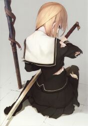  absurdres black_pantyhose blonde_hair blue_eyes crack female from_behind head_down highres katana looking_back nape on_floor original pantyhose pleated_skirt scabbard school_uniform serafuku sheath shirabi short_hair sitting skirt solo sword torn_clothes torn_pantyhose weapon 