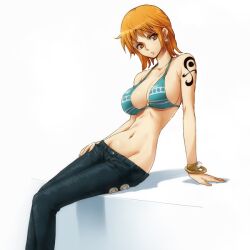  arm_support bare_shoulders bikini bikini_top bracelet breasts cleavage denim female hairu hand_on_hip hips jeans jewelry large_breasts log_pose looking_at_viewer lowleg lowleg_pants midriff mound_of_venus nami nami_(one_piece) navel one_piece orange_eyes orange_hair pants sabaody_archipelago short_hair simple_background sitting solo swimsuit tattoo 