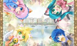  2boys 2girls animal_ears aqua_hair bell blonde_hair blue_eyes blue_hair cat_ears cat_tail circle_formation commentary_request dress elbow_gloves gloves gongitsune_(gongitune2) green_eyes hatsune_miku jingle_bell kagamine_len kaito_(vocaloid) megurine_luka multiple_boys multiple_girls one_eye_closed open_mouth pink_hair tail twintails vocaloid 