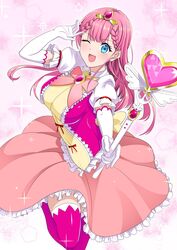  ;d alternate_costume blue_eyes blush bokutachi_wa_benkyou_ga_dekinai boots braid breasts center_frills commentary_request dress elbow_gloves female frilled_skirt frills gem gloves heart highres jpeg_artifacts kirisu_mafuyu large_breasts long_hair looking_at_viewer magical_girl namakemono_(u446644k) one_eye_closed open_mouth pink_skirt puffy_short_sleeves puffy_sleeves purple_thighhighs short_sleeves skirt smile solo sparkle standing standing_on_one_leg thigh_boots thighhighs tiara twin_braids wand white_gloves 