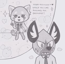  abstract_background aggretsuko ailurid anthro blush daydream dialogue duo english_text female haida_(aggretsuko) hyena lockerobster male male/female mammal monochrome necktie red_panda retsuko sanrio spotted_hyena text 