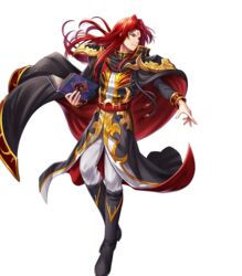  1boy belt black_cape black_coat black_footwear book boots cape chachie coat commentary evil_smile facial_mark fire_emblem fire_emblem:_genealogy_of_the_holy_war fire_emblem_heroes forehead_mark full_body highres holding holding_book julius_(fire_emblem) lips long_coat long_hair long_sleeves looking_to_the_side male_focus official_art pants pointing pointing_at_viewer red_eyes red_hair shoulder_pads sidelocks smile solo transparent_background white_pants 